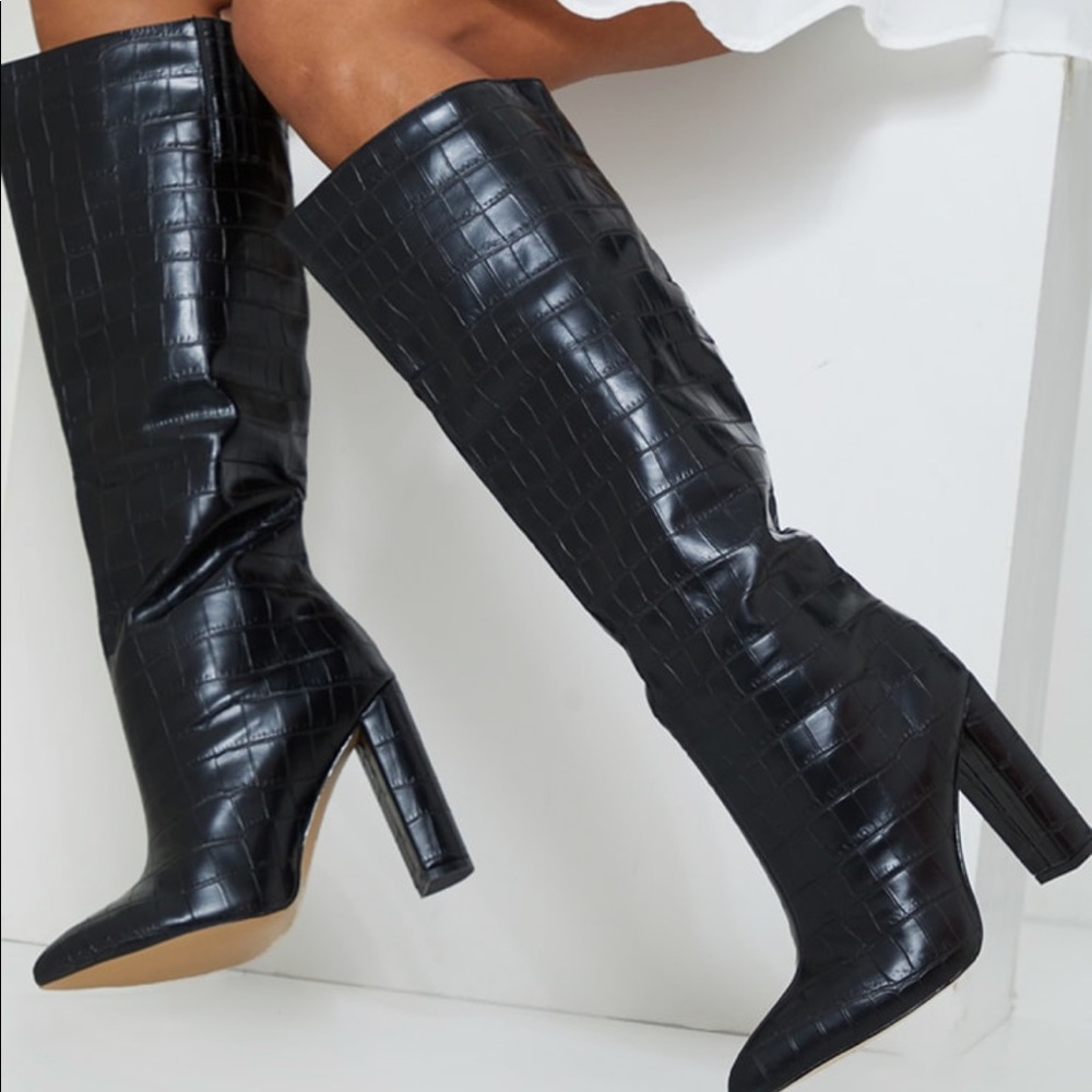 Black croc reptile knee high boots